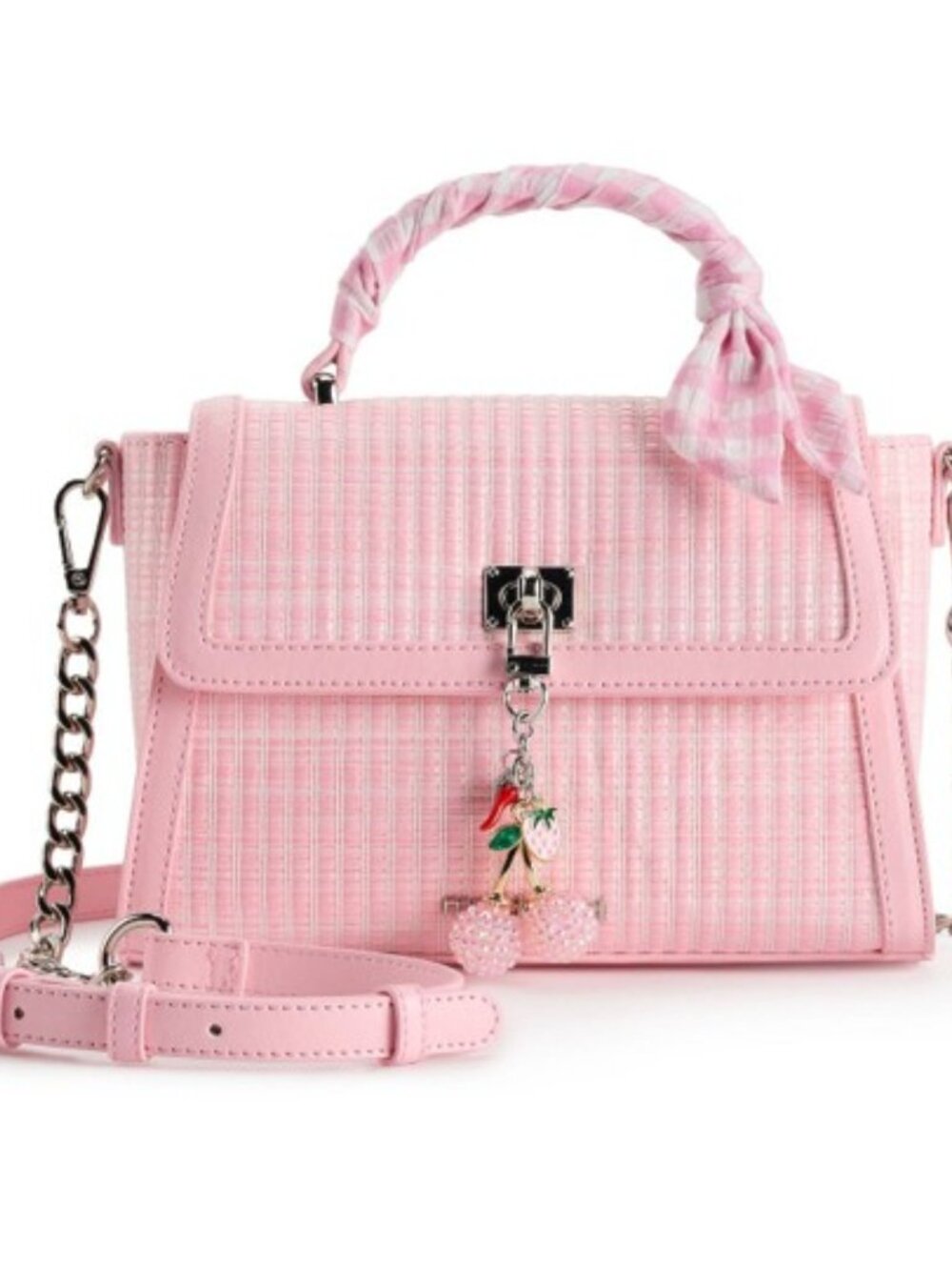Madden Girl Pink Tweed-Style Top Handle Crossbody with Cherry Charm